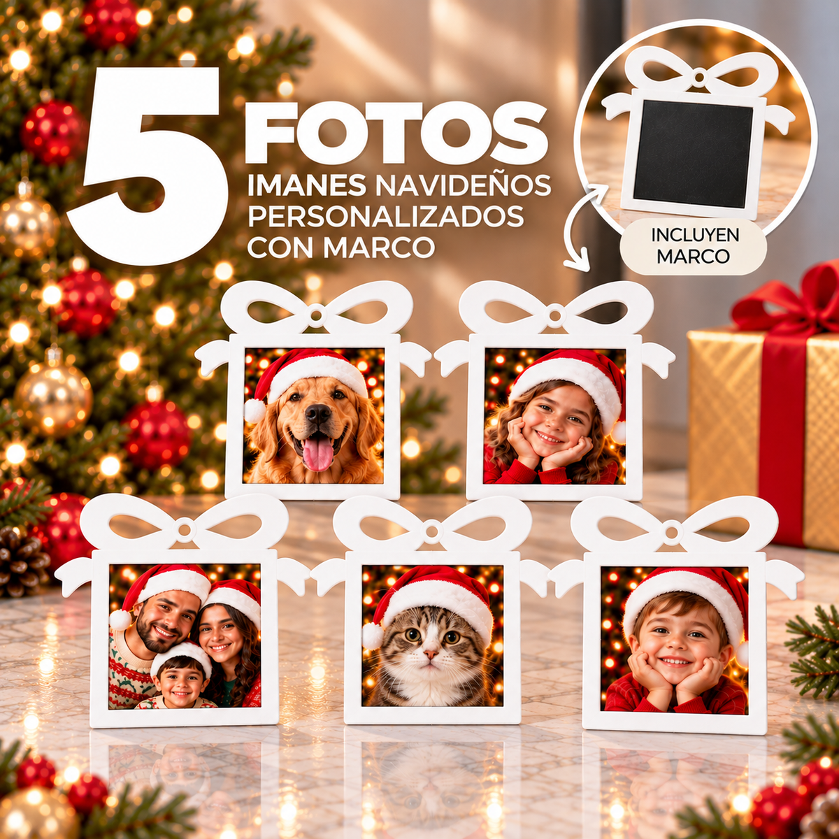 (5) Imanes Navideños Personalizados con Marco