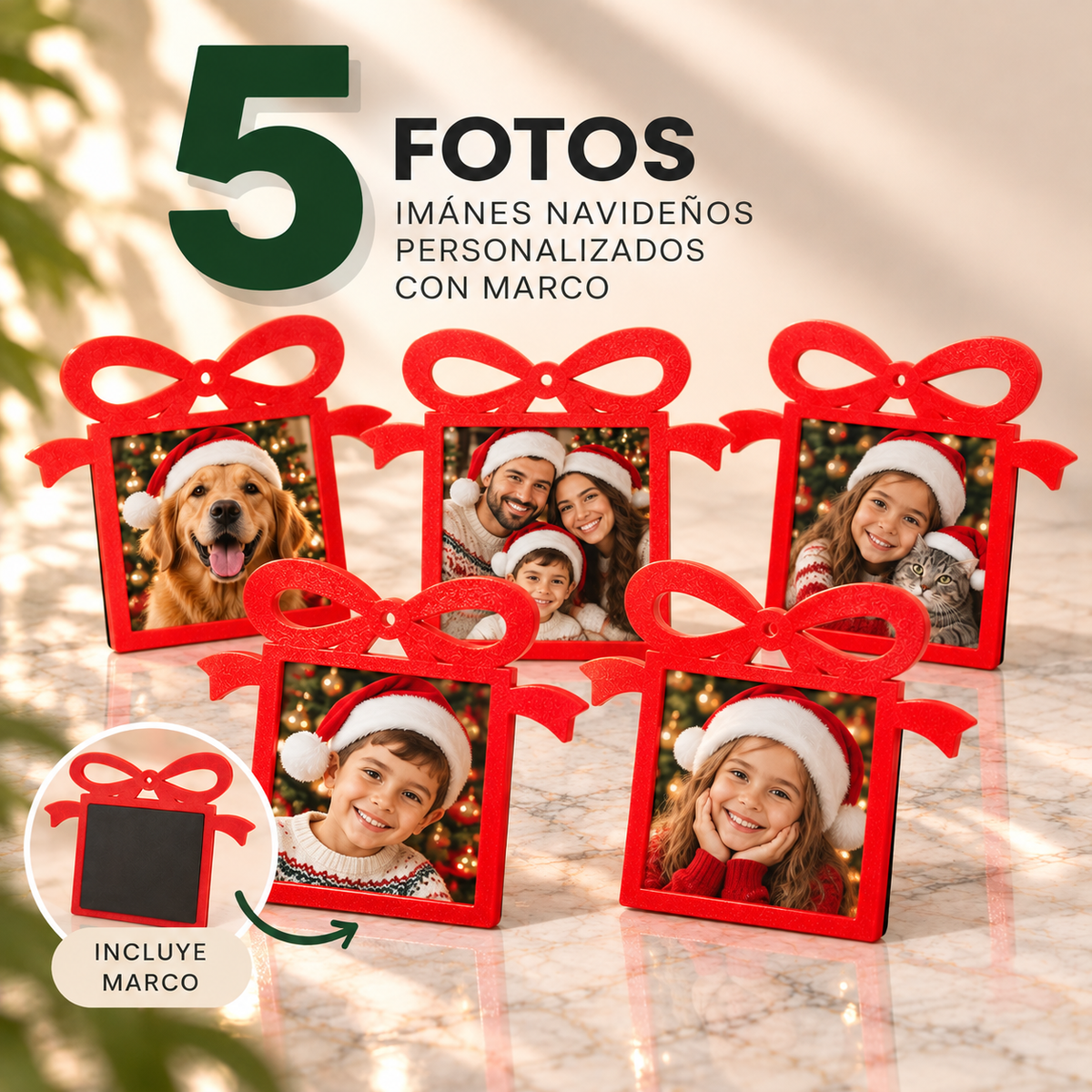 (5) Imanes Navideños Personalizados con Marco