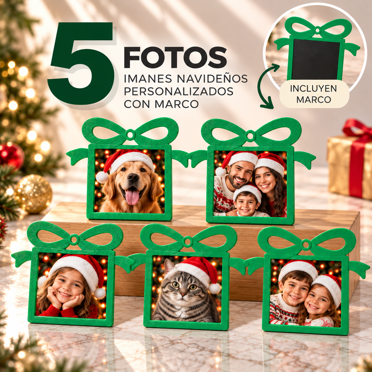 (5) Imanes Navideños Personalizados con Marco