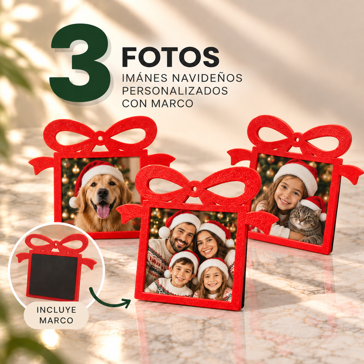(3) Imanes Navideños Personalizados con Marco