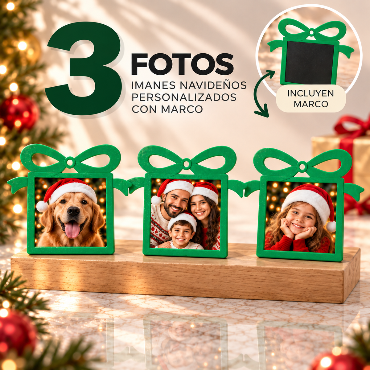 (3) Imanes Navideños Personalizados con Marco