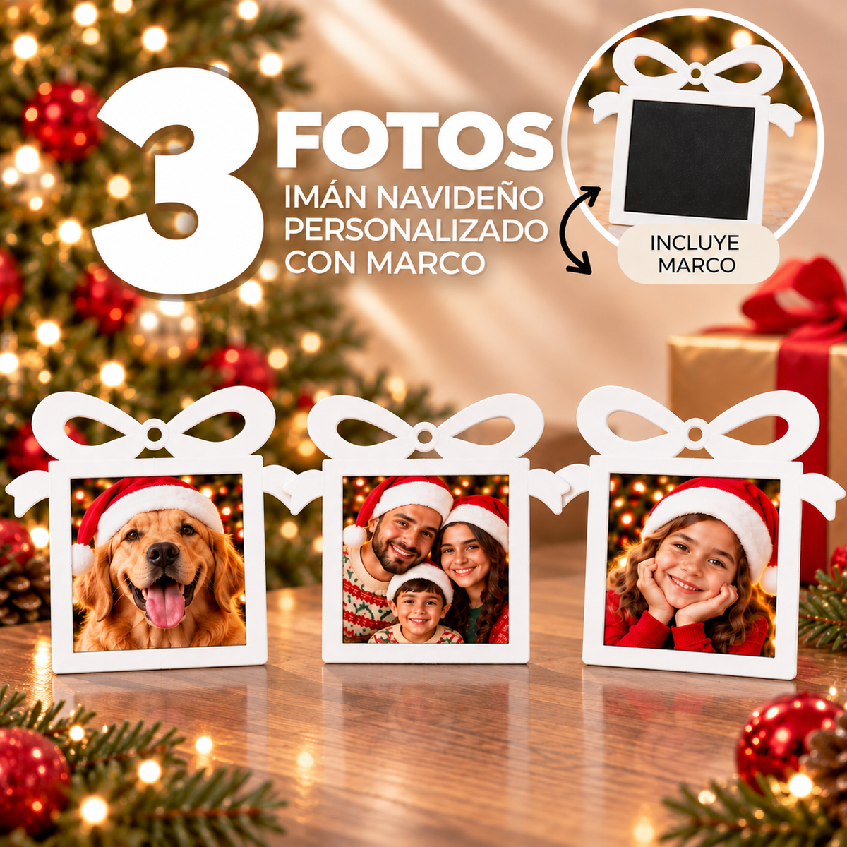 (3) Imanes Navideños Personalizados con Marco